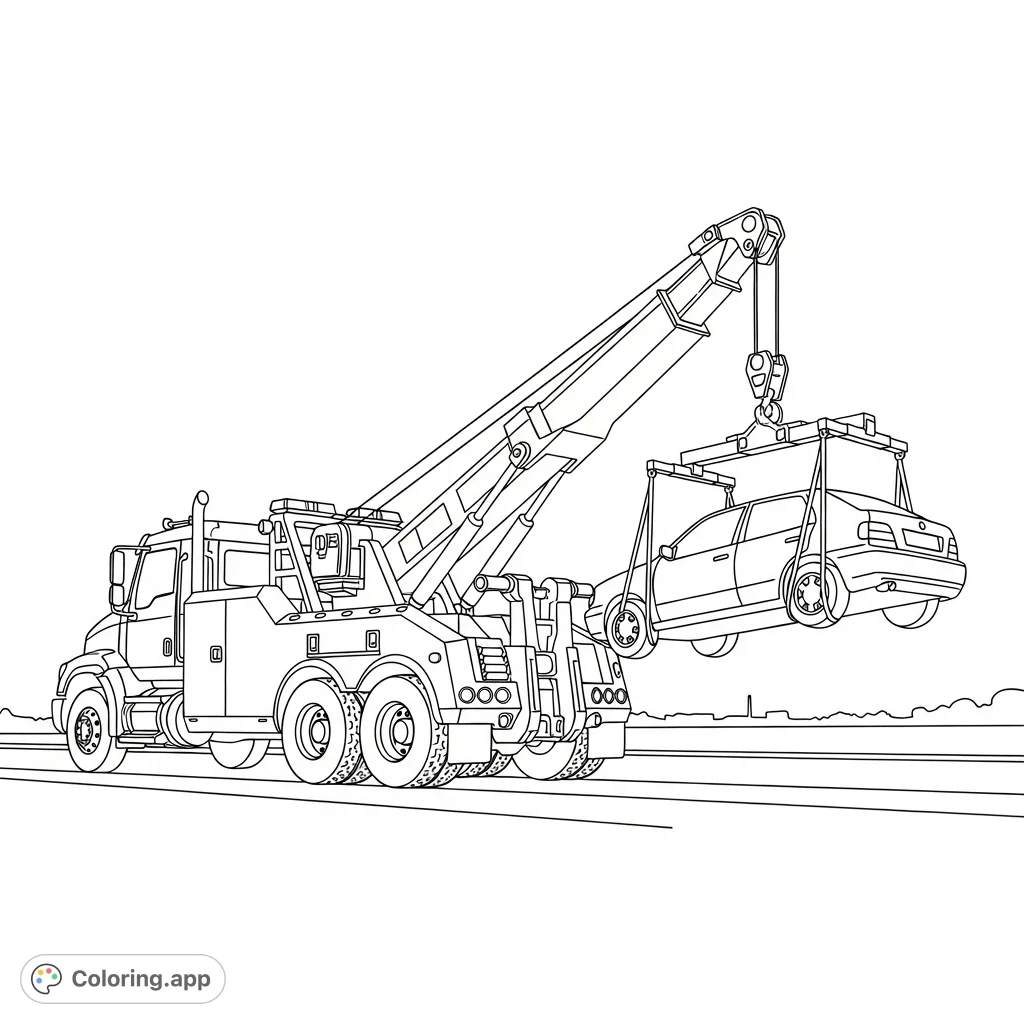 A detailed coloring page depicting a powerful heavy-duty tow truck with its tall boom extended, actively recovering a small, simplified vehicle by the roadside.