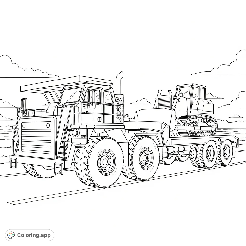 A powerful heavy haul truck carefully transports a simplified small bulldozer on its flatbed, navigating a vast, open road under a clear sky.