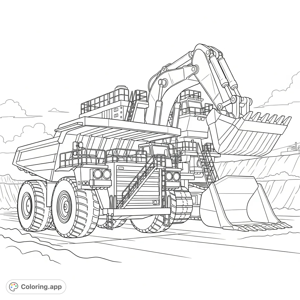 Color a powerful heavy hauler truck alongside colossal construction machinery in an industrial setting, with simplified details for a balanced coloring experience.