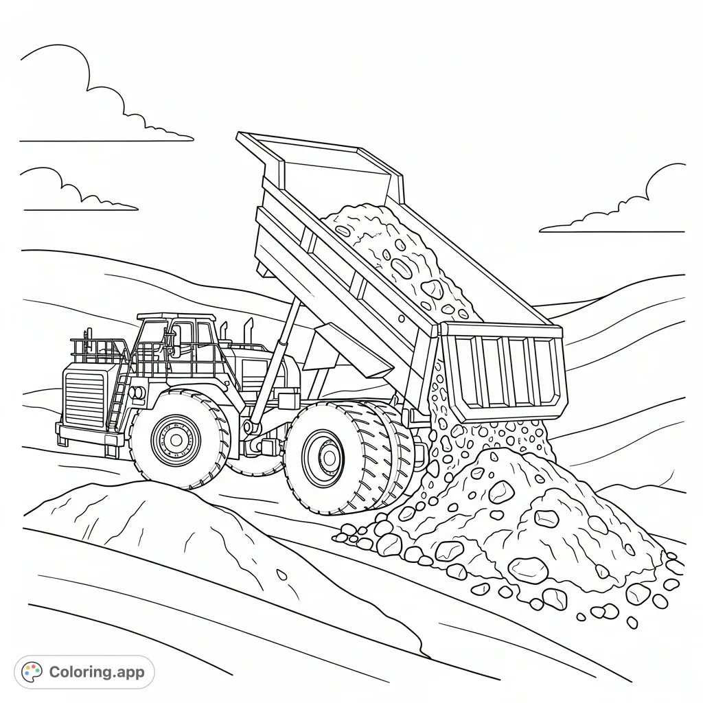 A powerful side-dump heavy hauler is shown mid-action, unloading earth and rocks down a gentle slope, set against a backdrop of simple rolling terrain.