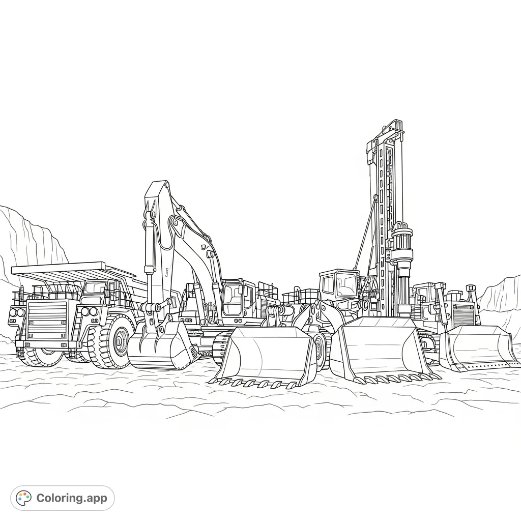 Discover a powerful lineup of mining machines: haul truck, excavator, loader, drill rig, and dozer. A technical composition for heavy equipment enthusiasts.