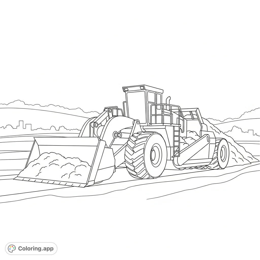 A powerful heavy scraper machine actively removes topsoil, featuring simplified blade and bowl for easy coloring, set against a construction backdrop.