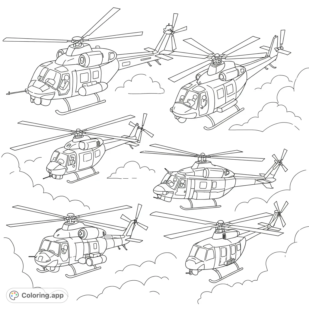 Six dynamic helicopters soar through fluffy clouds, ready for a vibrant adventure. A fun, free printable helicopter coloring page for all ages.