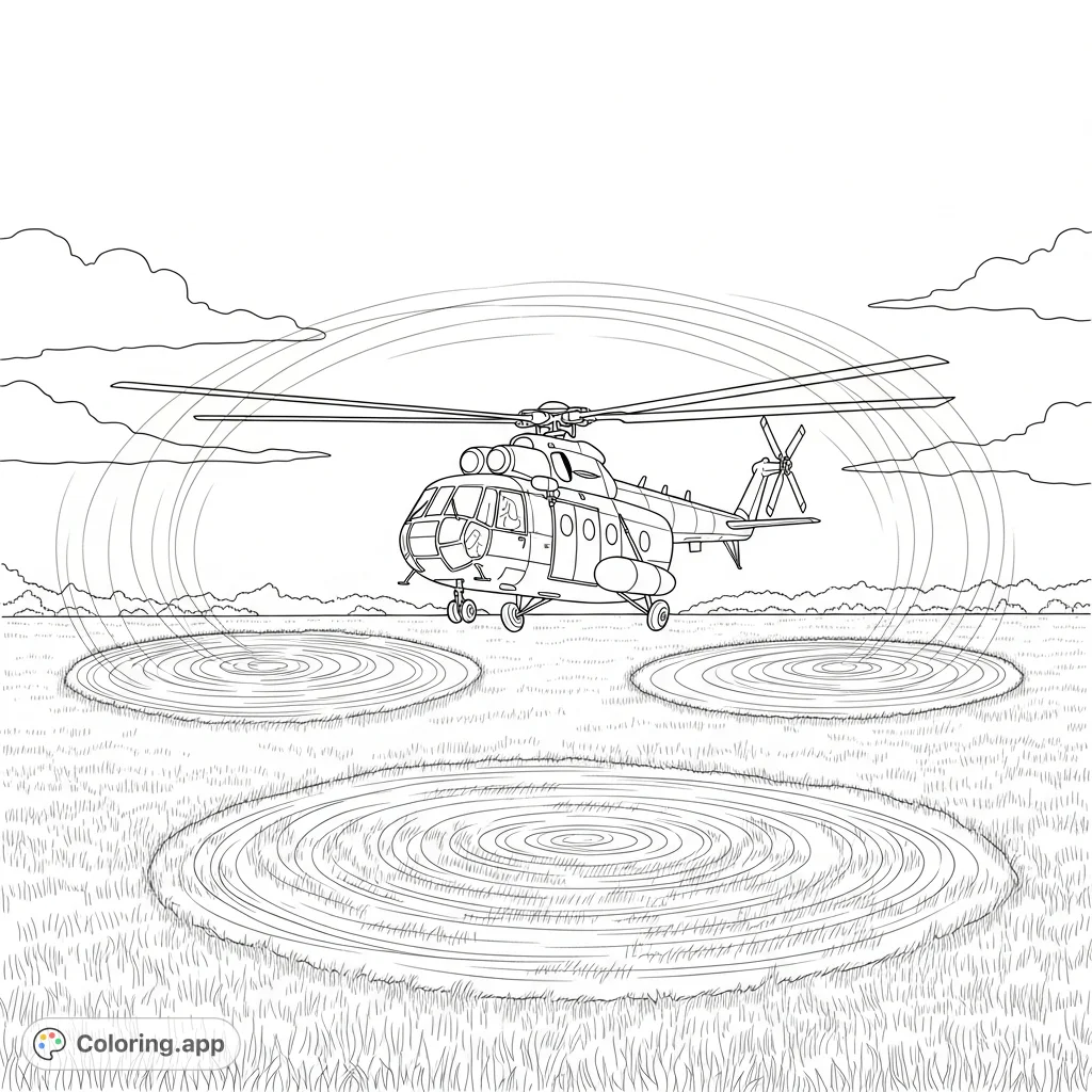 A detailed coloring page featuring a large helicopter mid-landing on a grassy field, with rotor wash pushing grass aside. Perfect for aviation enthusiasts.