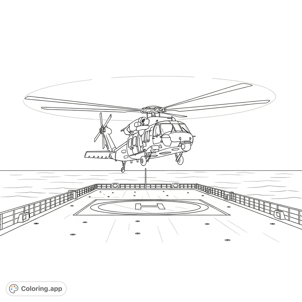 A detailed coloring page featuring a helicopter carefully landing on a ship's deck amidst the open sea, with simplified ship structures and ocean waves.