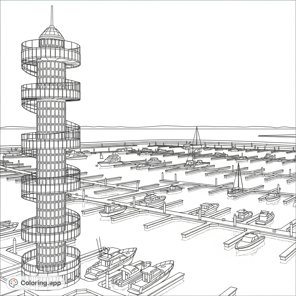 Color a captivating scene featuring a towering helix-shaped structure overlooking a bustling marina filled with lightly outlined boats along its intricate docks.