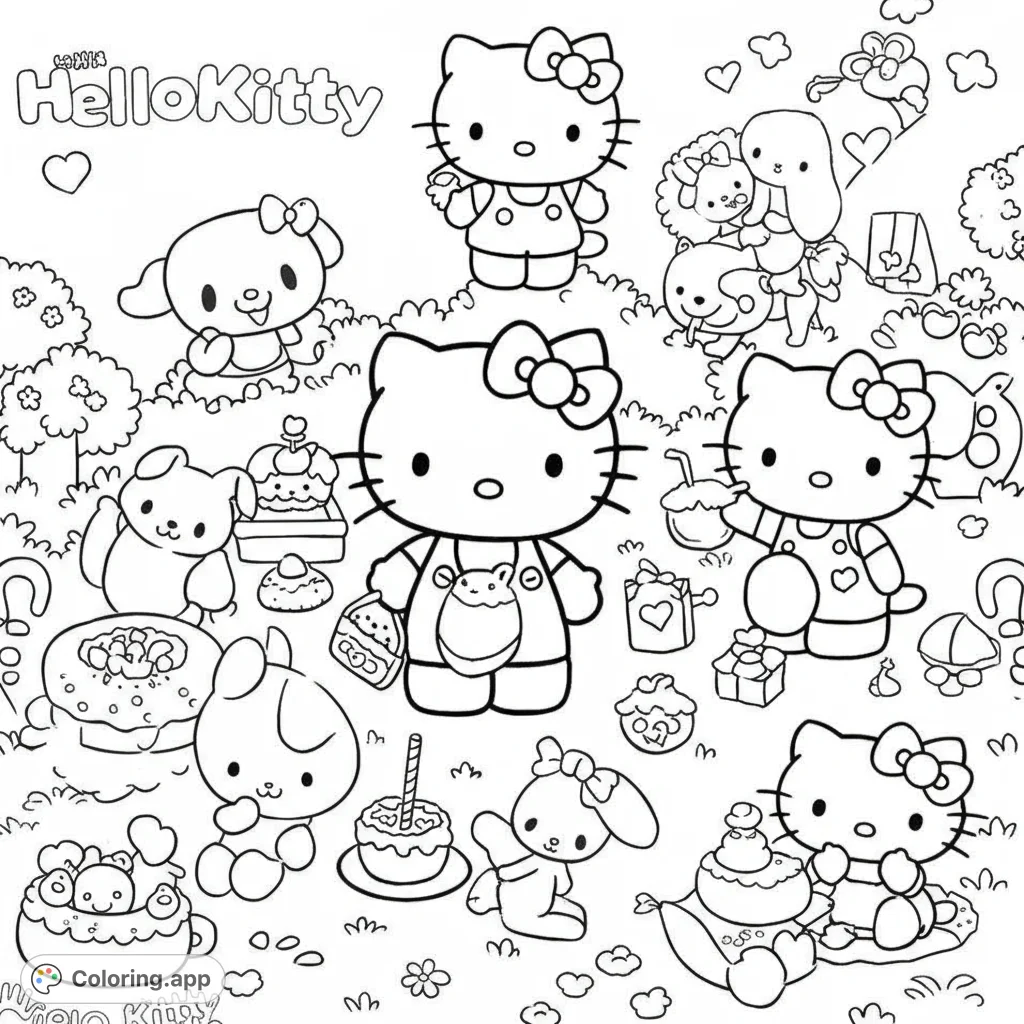 A delightful Hello Kitty and friends coloring page featuring beloved Sanrio characters enjoying a fun outdoor gathering with treats and gifts. Perfect for fans!