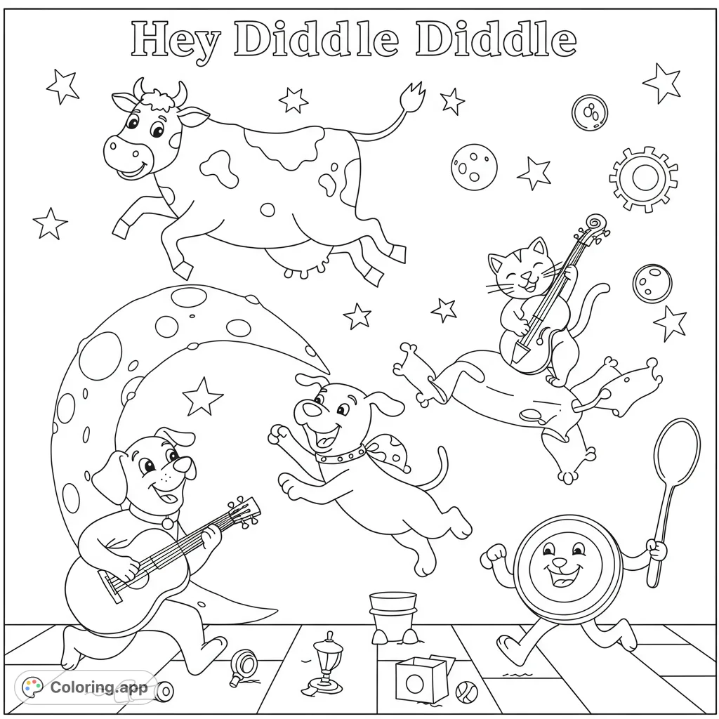 Jump into the classic Hey Diddle Diddle nursery rhyme! A cow leaps over the moon, a dog plays guitar, and the dish runs with the spoon in this whimsical scene.
