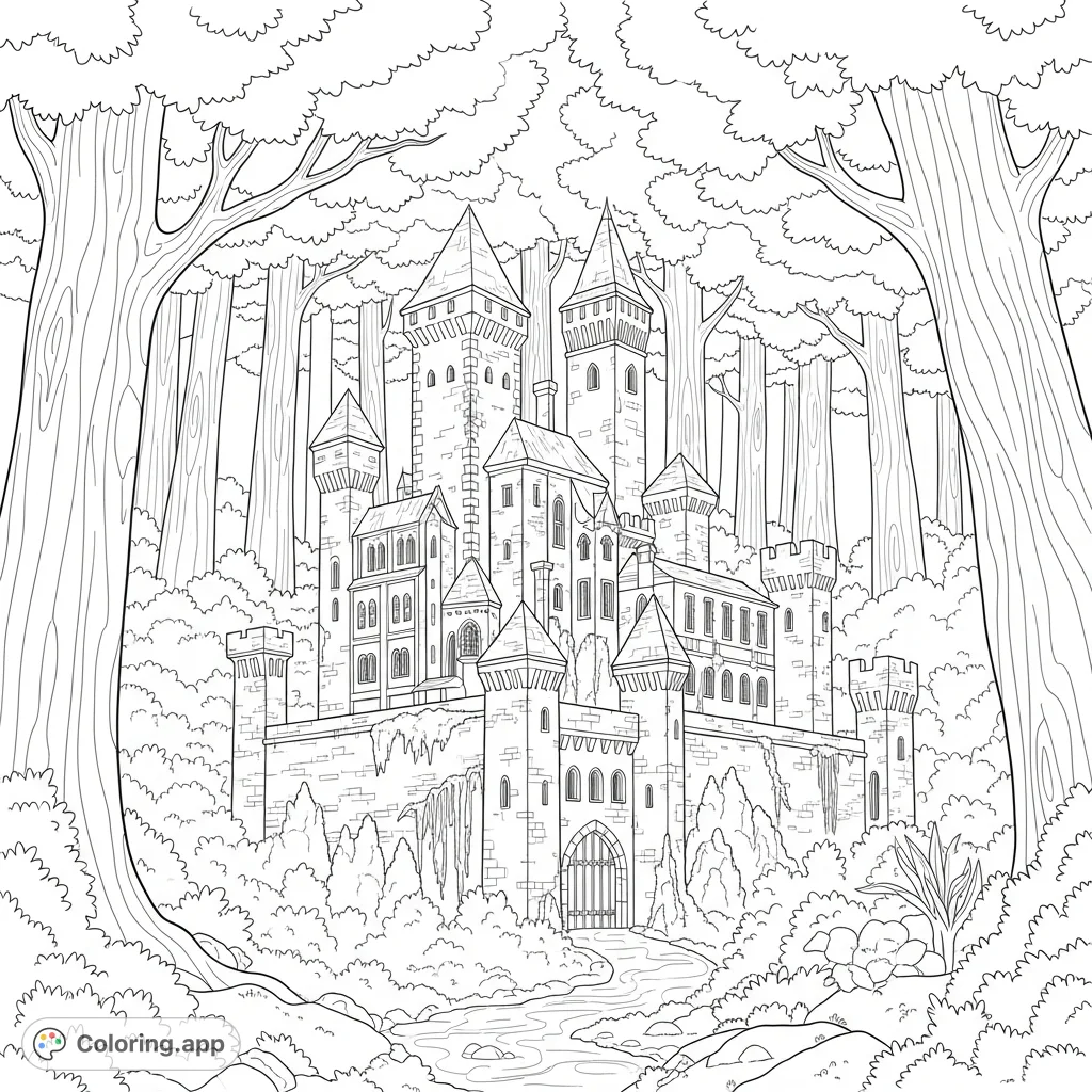 A majestic forest castle with bold walls and towering structures, partially obscured by ancient, dense trees. Intricate stonework and natural elements blend.