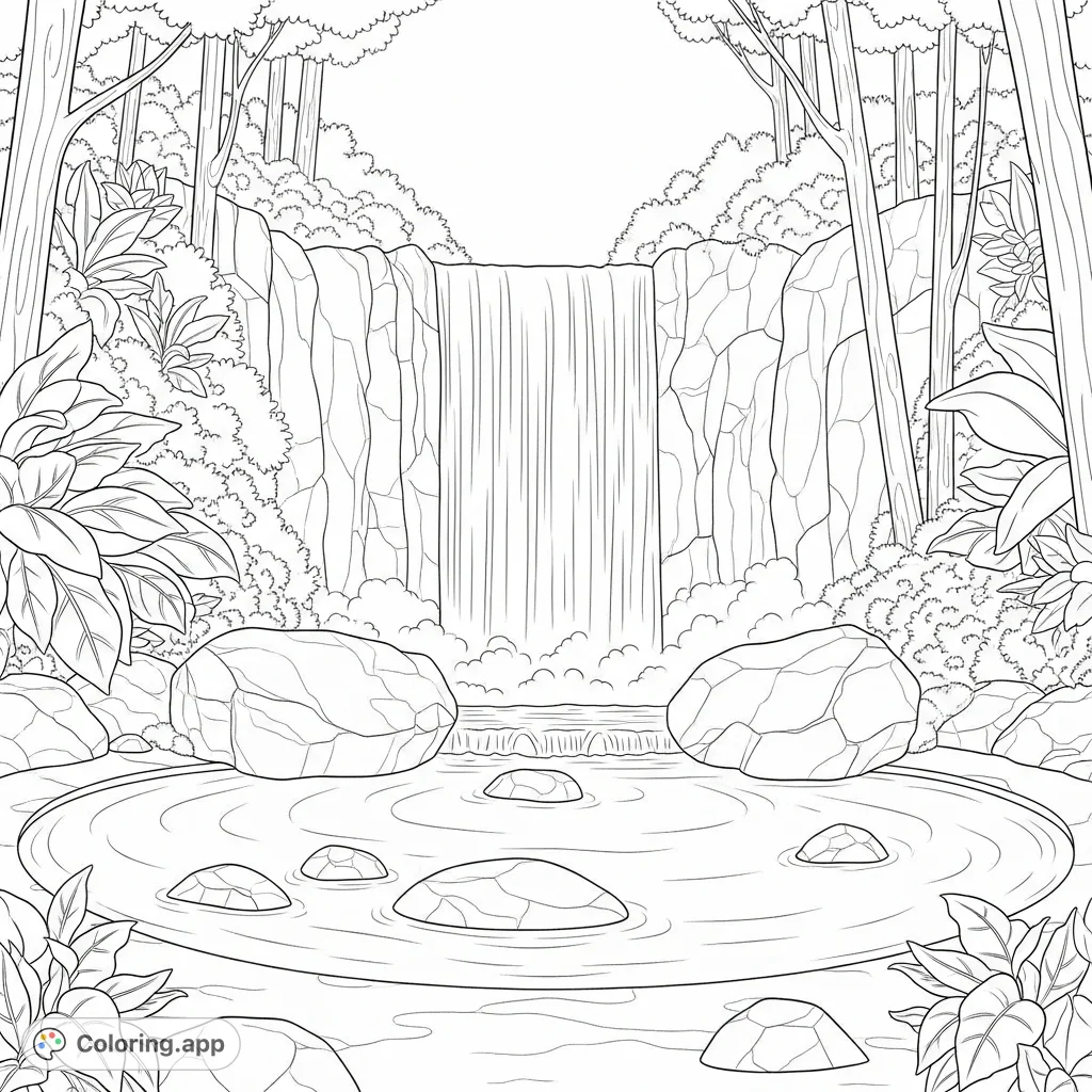 Discover a serene hidden lagoon with a majestic waterfall. Smooth water arcs cascade into still waters surrounded by rounded boulders and lush foliage.