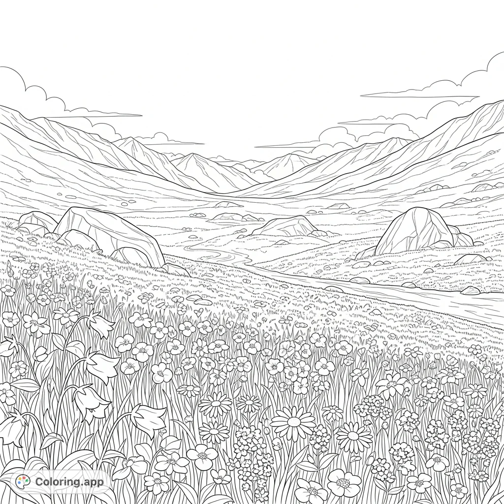 Explore a breathtaking high-alpine meadow teeming with diverse wildflowers, sloping hills, rugged rocky outcrops, and distant mountain peaks. A serene landscape.