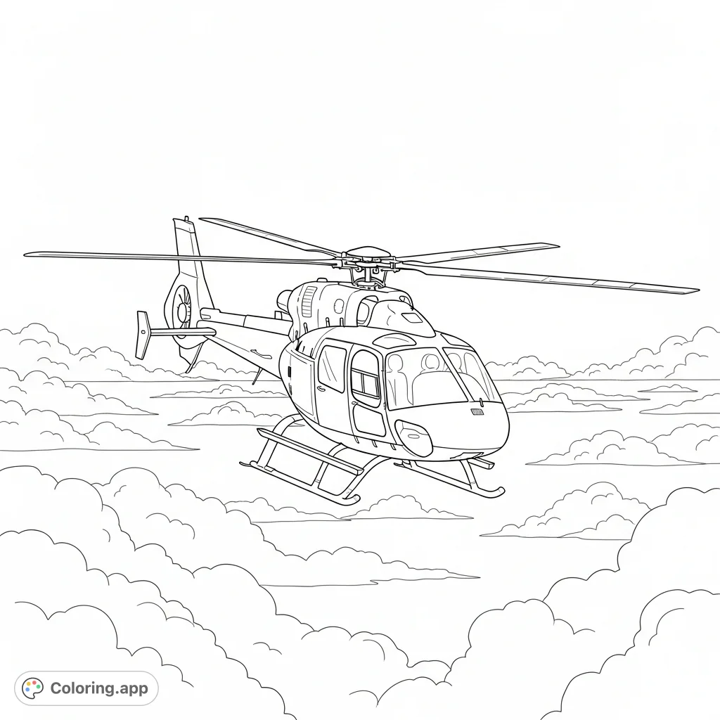 A detailed long-range helicopter soars high above soft, layered clouds, offering a serene aerial scene for coloring enthusiasts.