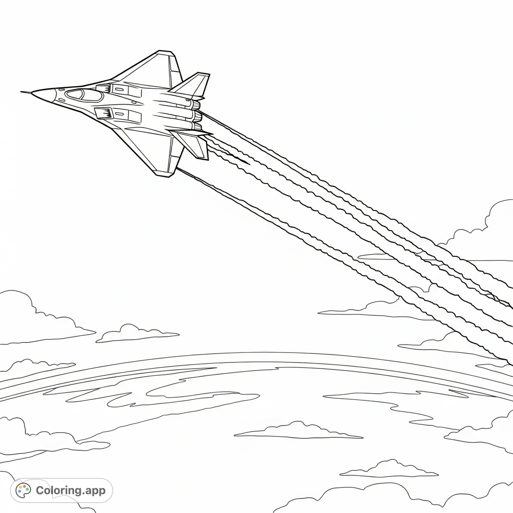 A powerful stealth jet soars high above Earth's curve, leaving impressive contrails. A thrilling high-altitude scene for an exciting coloring adventure.