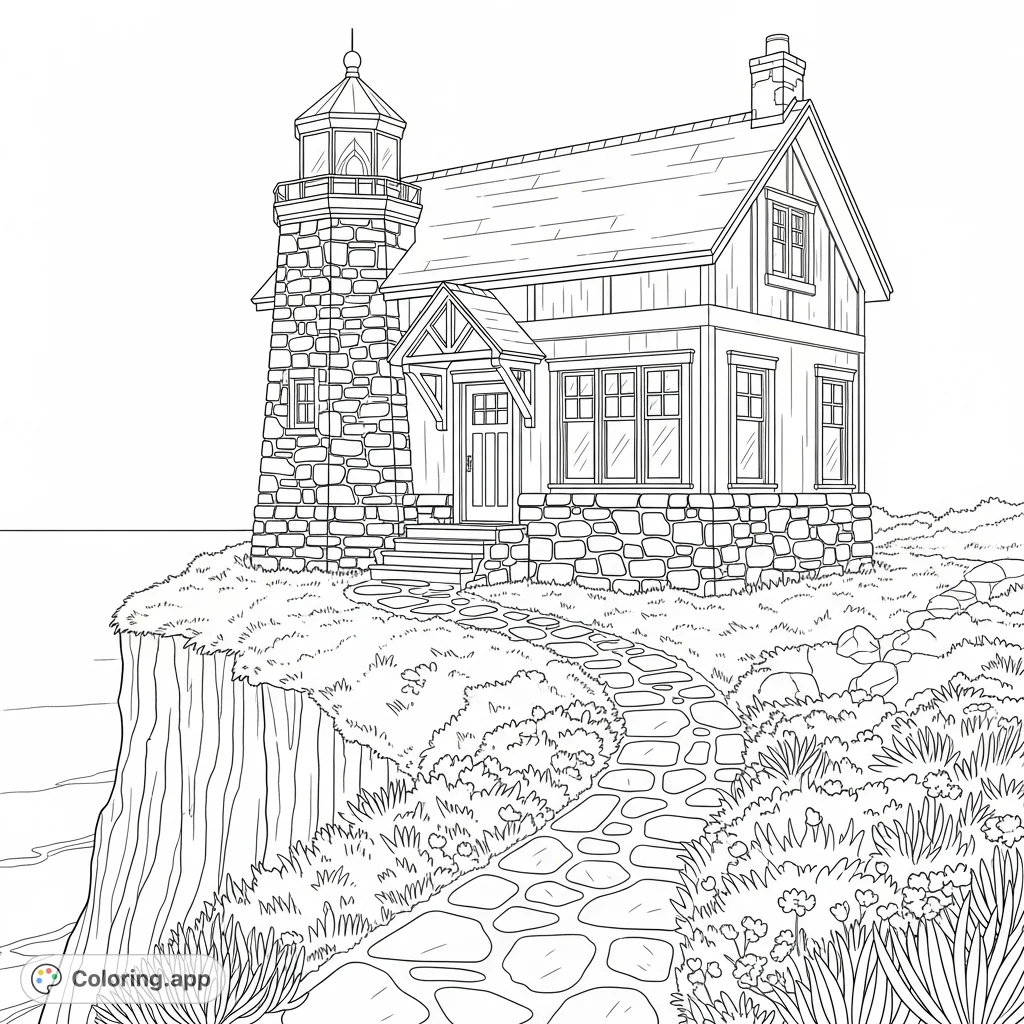 A detailed coloring page featuring a high-bluff cottage with unique lighthouse-inspired stonework, a winding path, and a scenic coastal backdrop.