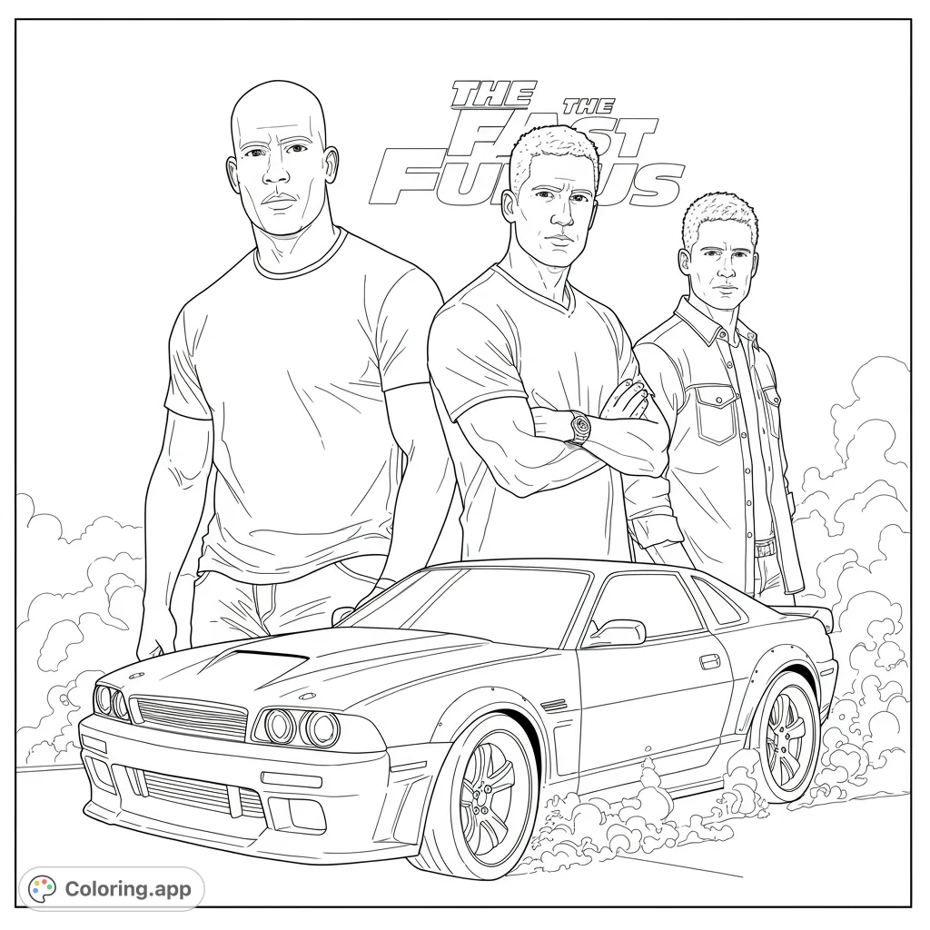 Dynamic action movie coloring page featuring three iconic characters and a powerful sports car amidst a cloud of smoke, ready for speed.