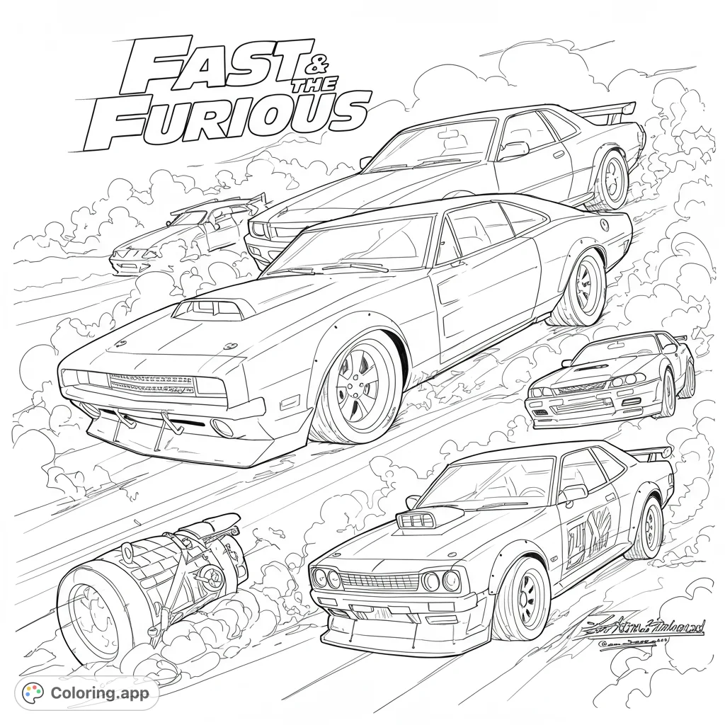Experience the thrill of a high-speed race with this dynamic coloring page featuring powerful muscle cars and sleek sports cars kicking up smoke.