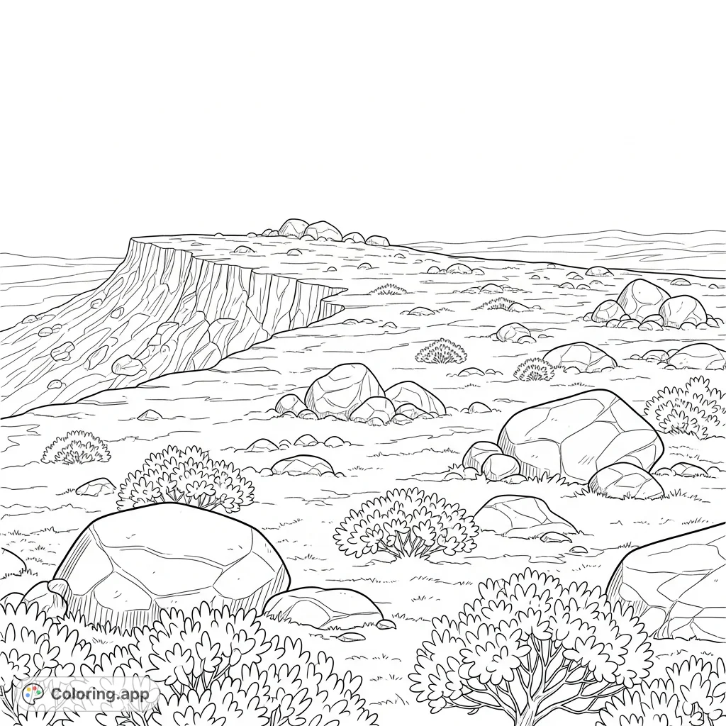Explore a rugged high plateau with scattered boulders and resilient alpine shrubs. A challenging yet rewarding coloring experience awaits.