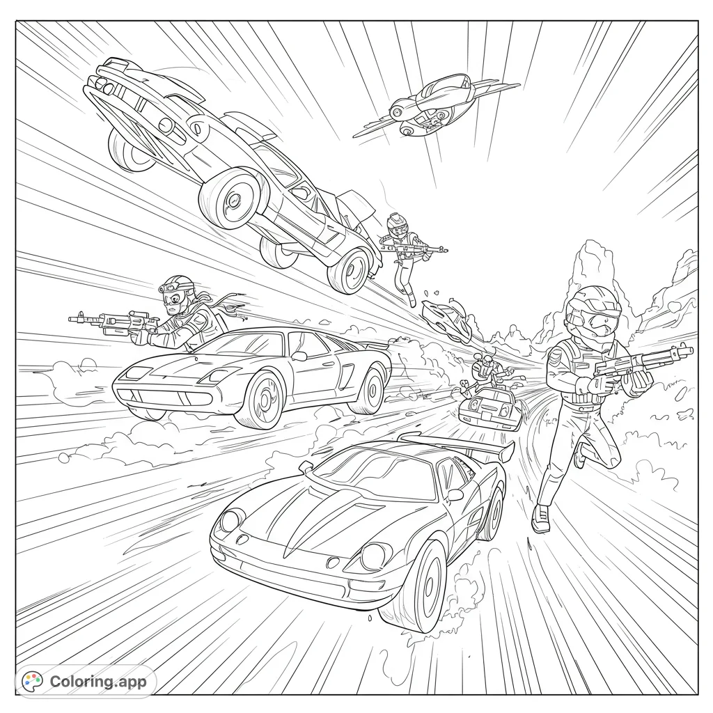 Experience an epic high-speed futuristic chase coloring page! Dynamic cars, flying vehicles, and armed figures race through a rocky landscape.