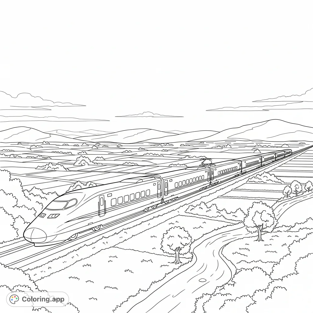 A sleek, bullet-train-inspired high-speed train glides through picturesque rolling countryside, featuring fields, trees, and distant hills.