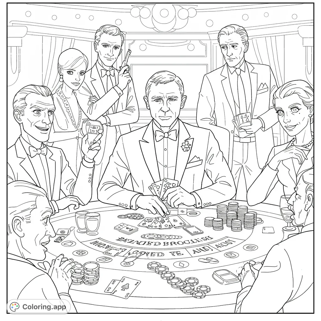 An elegant secret agent casino coloring page featuring sophisticated characters playing a high-stakes card game, perfect for adults and teens.