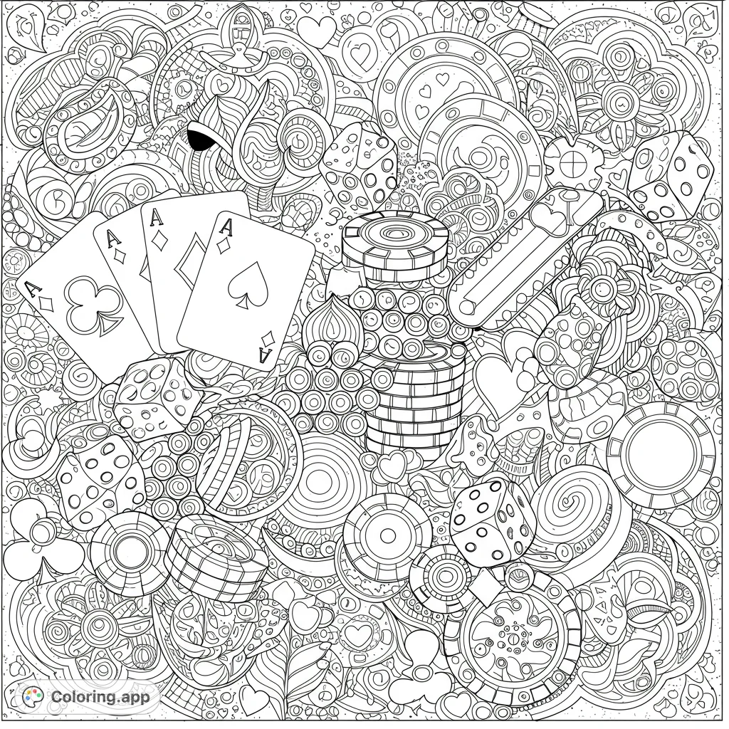 An intricate casino coloring page featuring four aces, poker chips, and dice amidst a dense, detailed background of gambling-themed patterns. Free printable for adults.