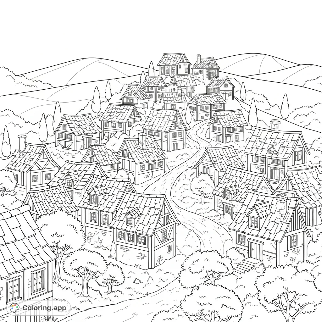 Explore a charming hillside medieval village with layered rooftops, winding paths, and simple trees. A detailed scene for a delightful coloring experience.