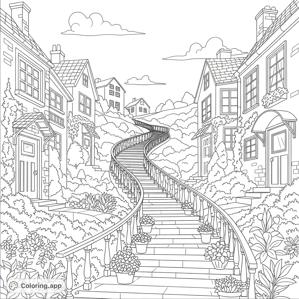 A picturesque hillside stairway winds between charming houses, adorned with lush plants and sturdy railings. An inviting scene ready for your creative touch.