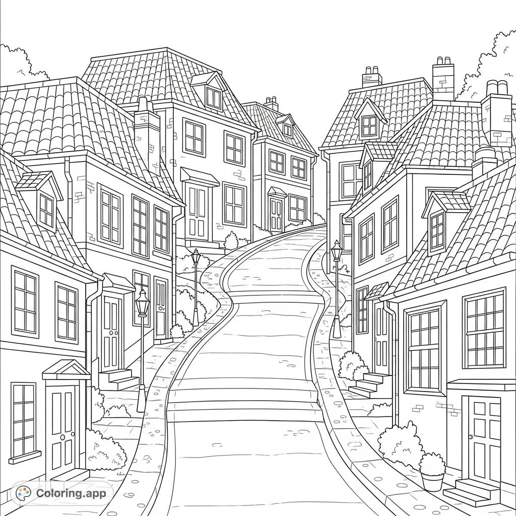 A charming, gently sloped street winds between various houses, all adorned with distinctive, textured terracotta-style roofs. A quaint architectural scene.