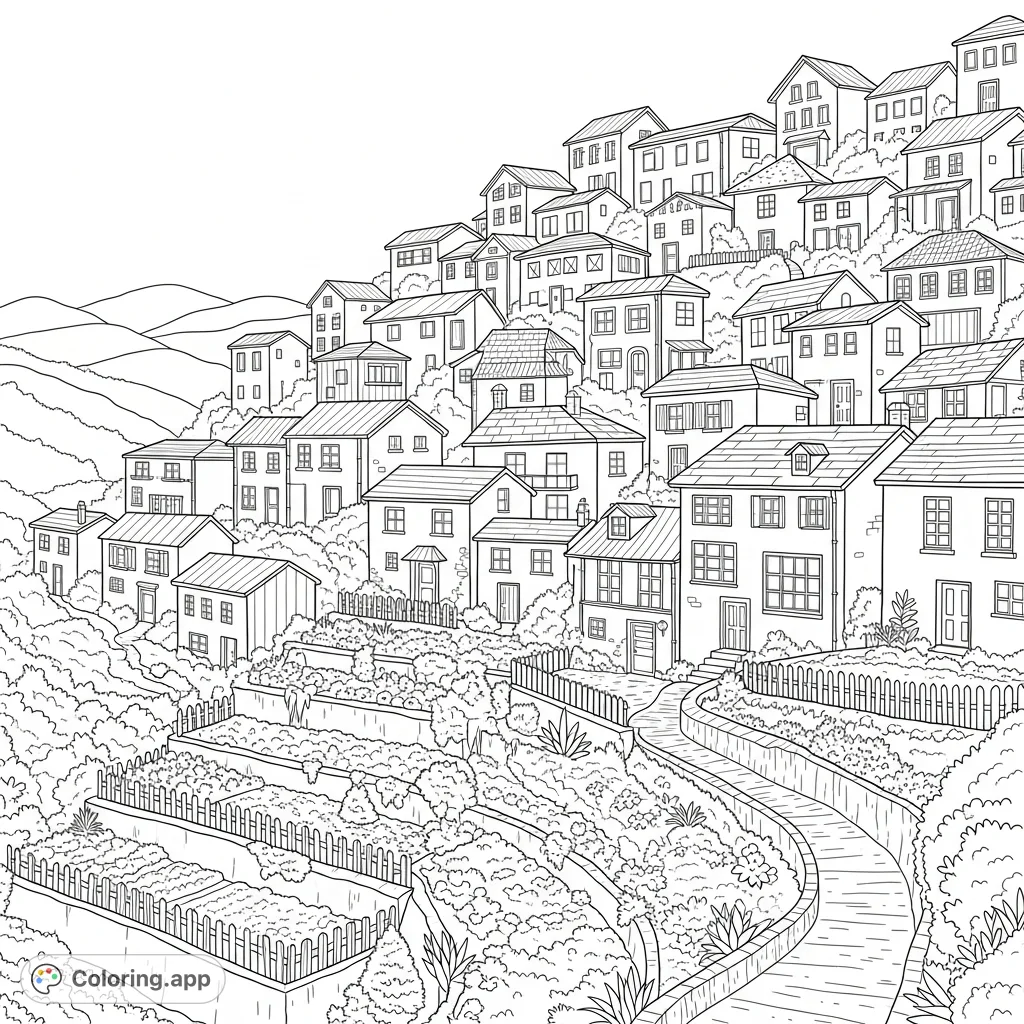 Explore a charming hillside village featuring intricately stacked houses, lush terraced gardens, and a winding path leading upward. A delightful scene for detailed coloring.
