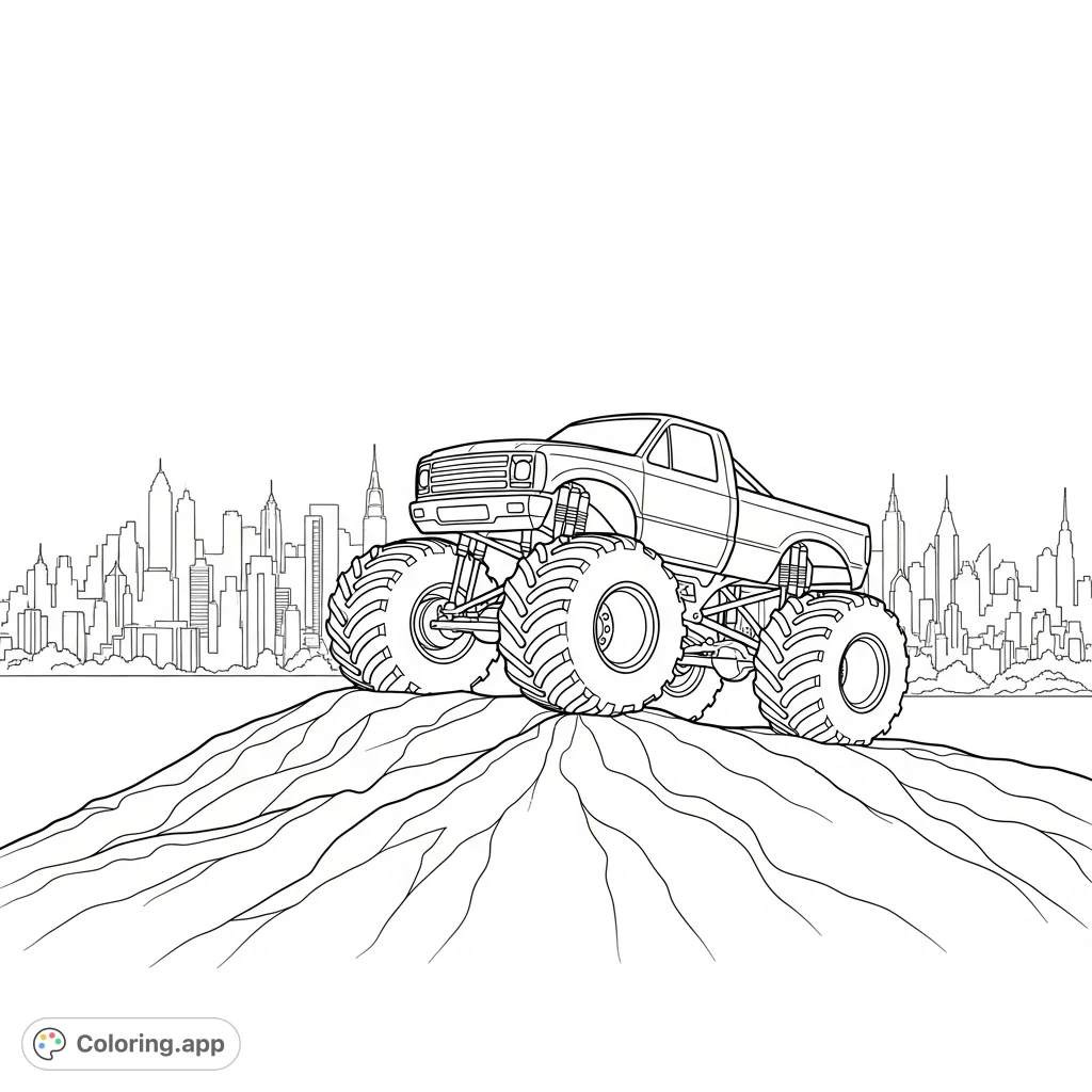 A colossal monster truck dominates a rugged hilltop, gazing over a detailed city skyline silhouette. A thrilling scene of power and urban sprawl.