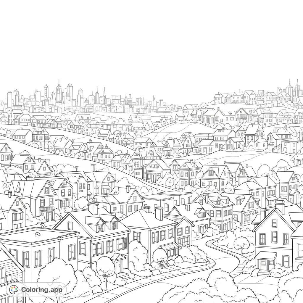 Explore a panoramic hilly neighborhood with intricately layered houses and a distant city skyline, offering a detailed urban landscape for creative expression.