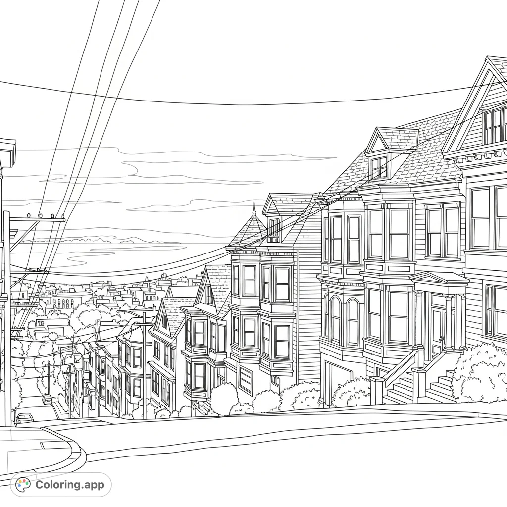A charming coloring page featuring a steep, hilly Victorian street, complete with ornate houses, simplified overhead wires, and a serene distant bay.