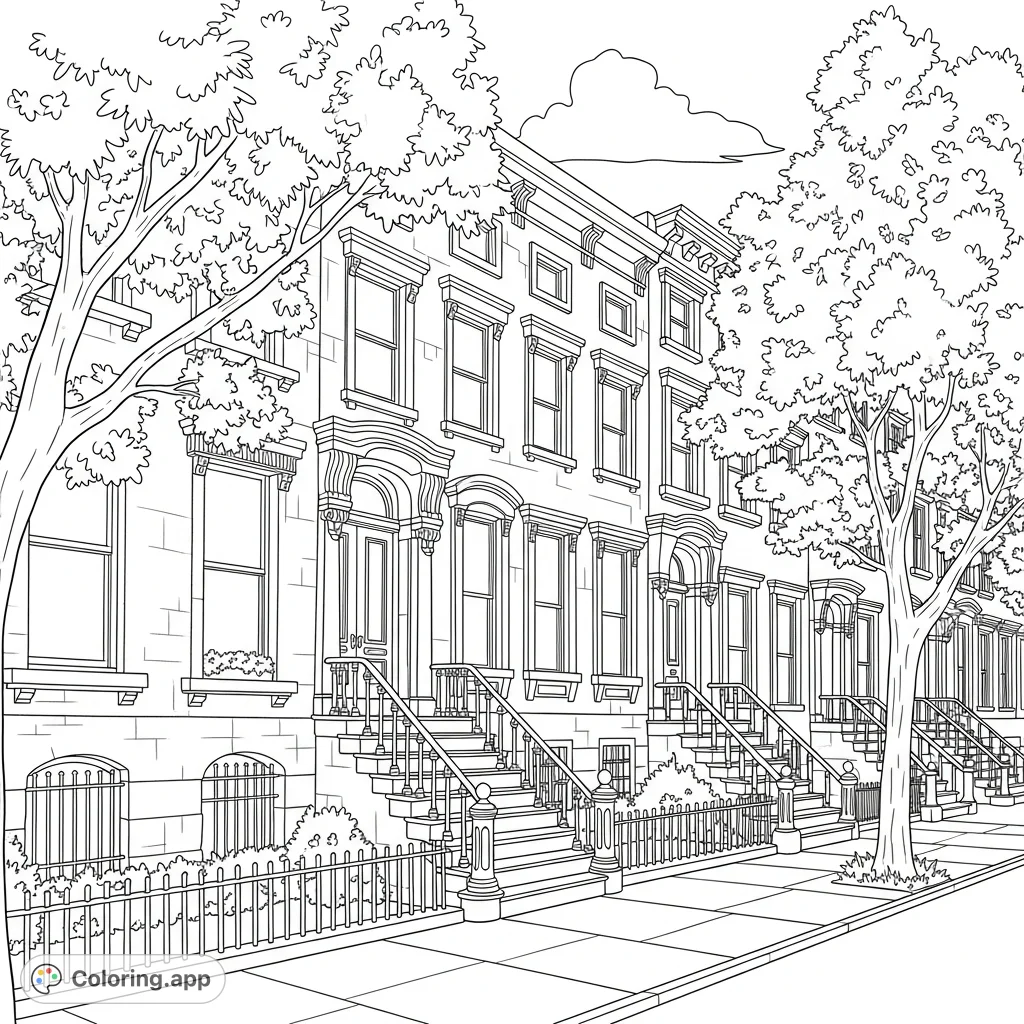 A detailed coloring page featuring a row of classic brownstone buildings with stoops, intricate iron railings, and lush trees lining the sidewalk.