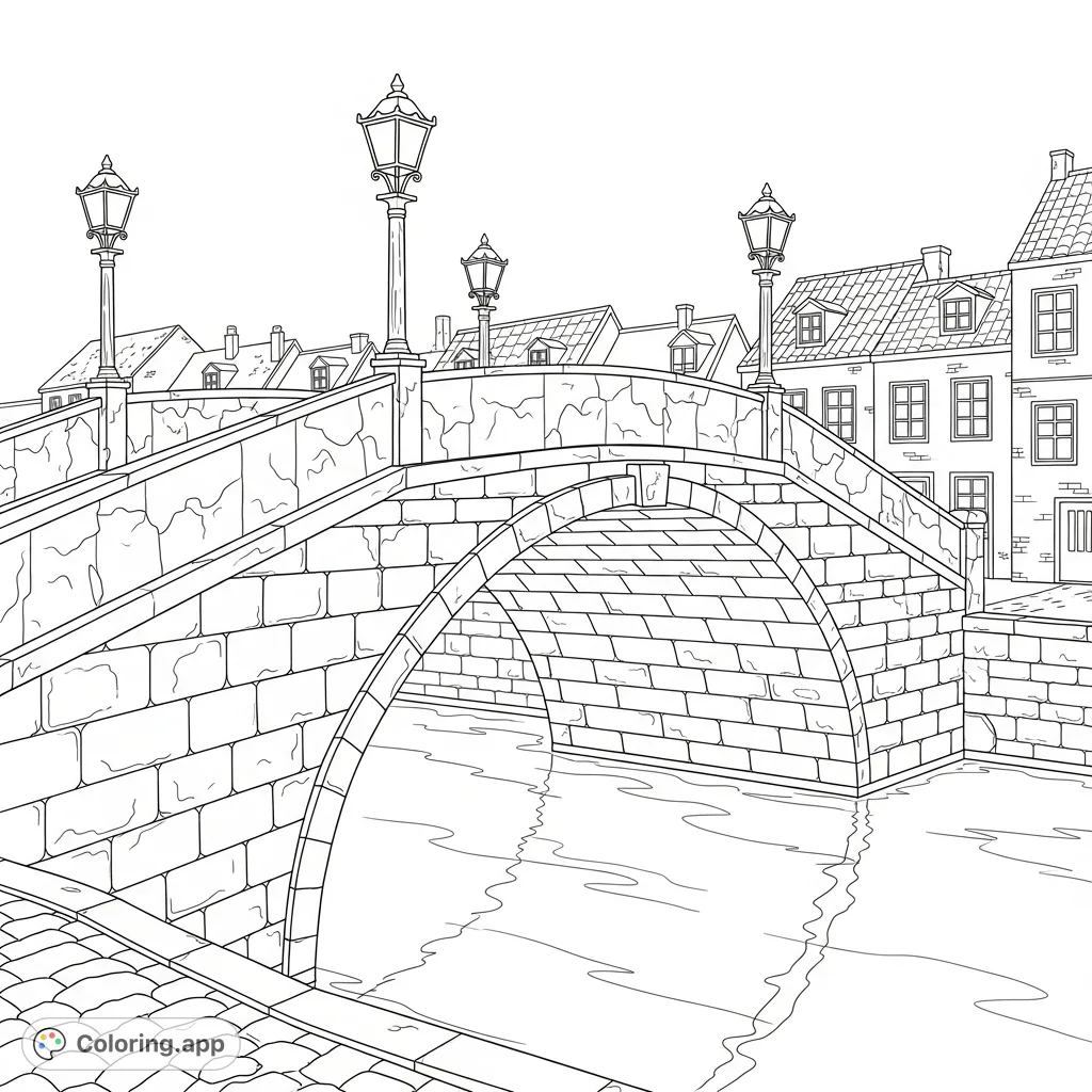 Journey across a charming historic cobblestone bridge, adorned with elegant lanterns, gracefully spanning a serene canal flanked by quaint old-world buildings.