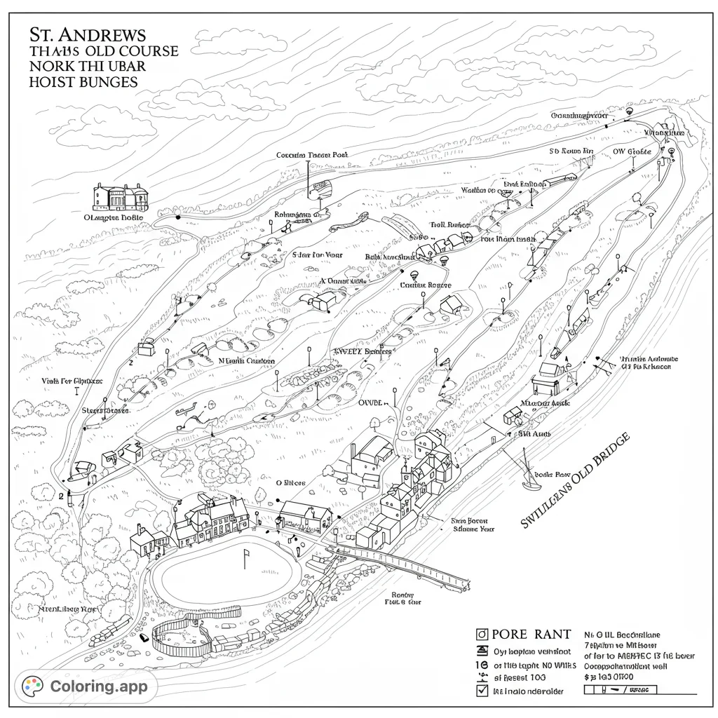 An intricate black and white line drawing of a sprawling golf course map, featuring detailed fairways, buildings, and a classic bridge.