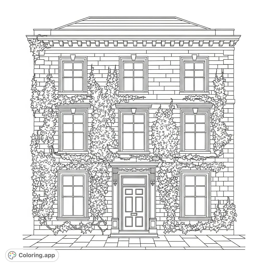 Color a stately historic townhouse with dense ivy climbing its detailed facade, featuring grand windows and an ornate entrance. A complex, rewarding design.