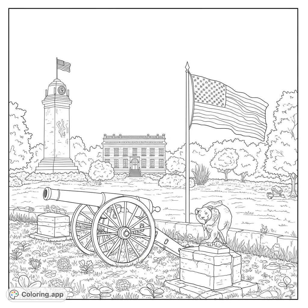 Explore a historic park scene featuring an antique cannon, American flag, grand building, and clock tower. A free printable historical park coloring page.