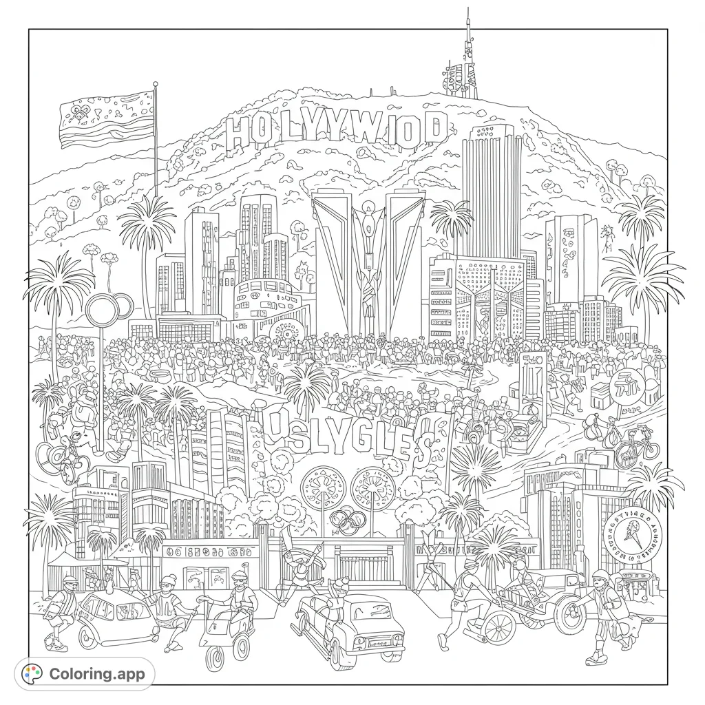 A vibrant Hollywood cityscape with iconic landmarks, a massive crowd, and lively activities, perfect for detailed coloring.
