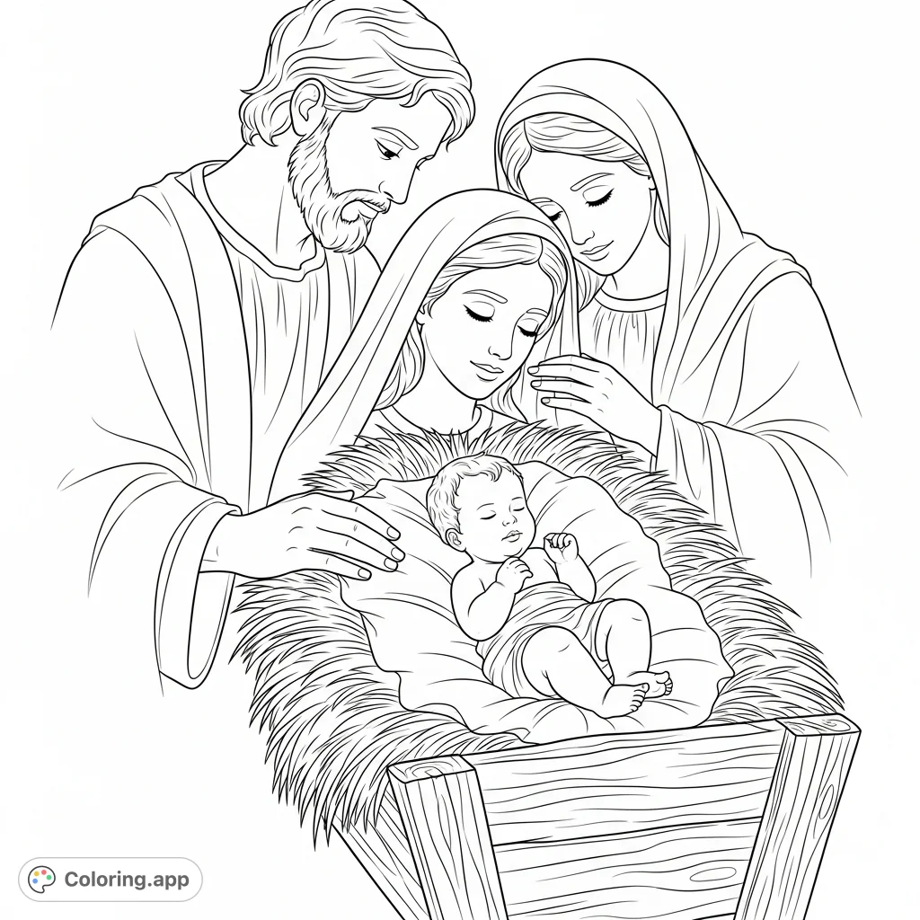A heartwarming Nativity scene depicting infant Jesus in a manger with Mary and Joseph. Perfect for reflection and celebrating the spirit of the season.