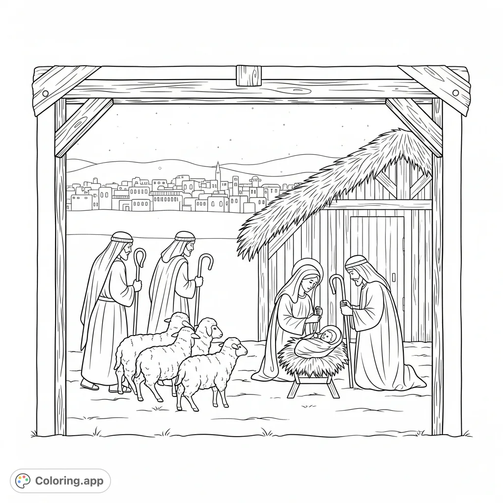 A peaceful Nativity scene depicting Mary, Joseph, and baby Jesus in the manger, with shepherds and sheep arriving at the stable, under a star-filled sky.