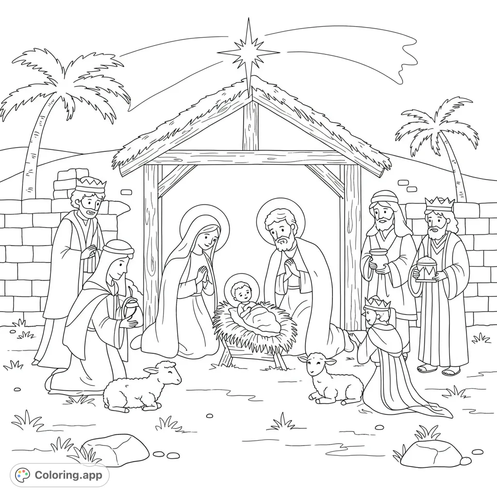 A heartwarming Nativity scene featuring Mary, Joseph, baby Jesus, wise men, and shepherds, perfect for festive coloring.