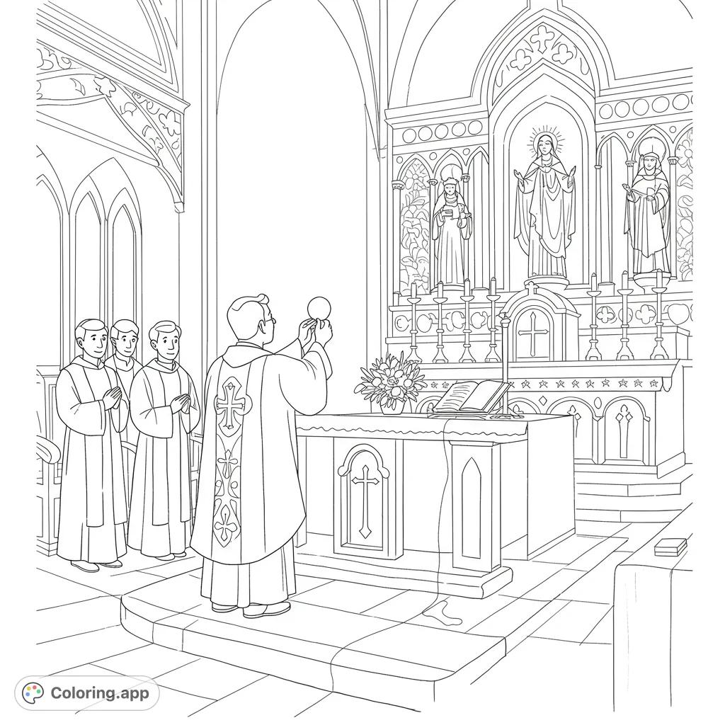 A reverent Holy Mass scene with a priest elevating the host, altar servers, and a detailed church altar, perfect for religious coloring.