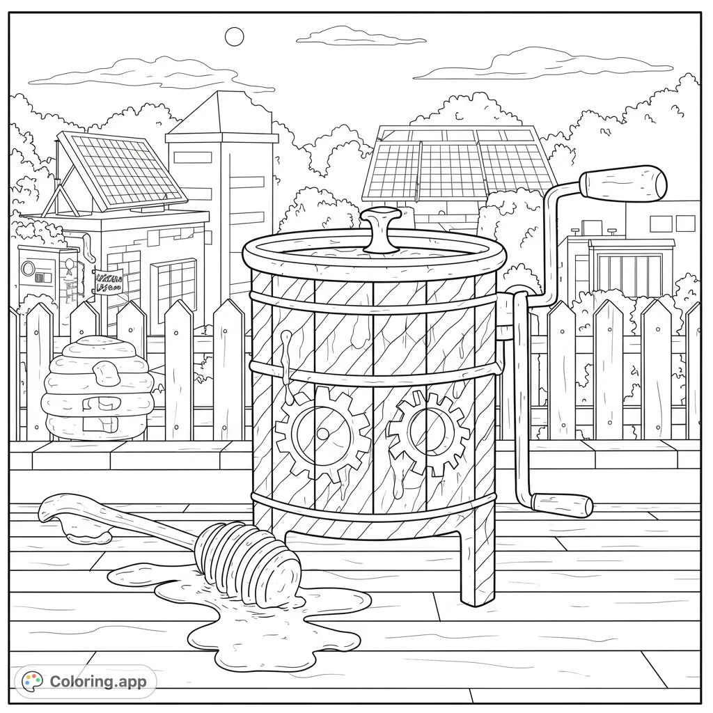 Detailed honey extractor with dripping honey, a beehive, and solar-powered buildings. A sweet beekeeping scene for coloring fun.