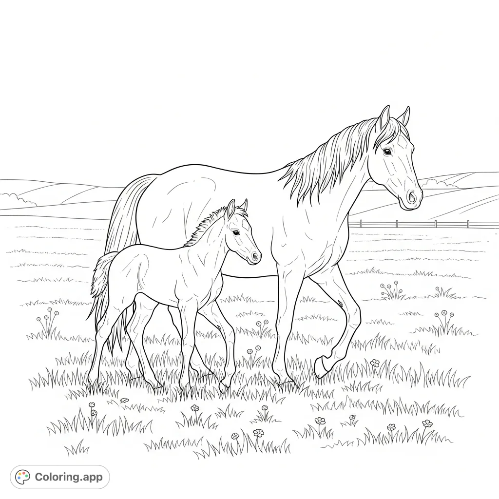 A heartwarming scene of an adult horse and its young foal gently walking together through a sunny pasture, surrounded by wildflowers and rolling hills.