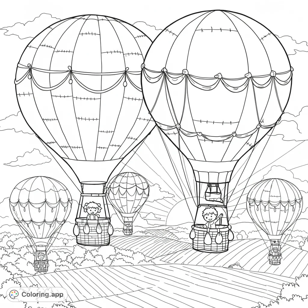 Soar high with this whimsical hot air balloon adventure coloring page, featuring children over rolling hills at sunrise. A delightful free printable.