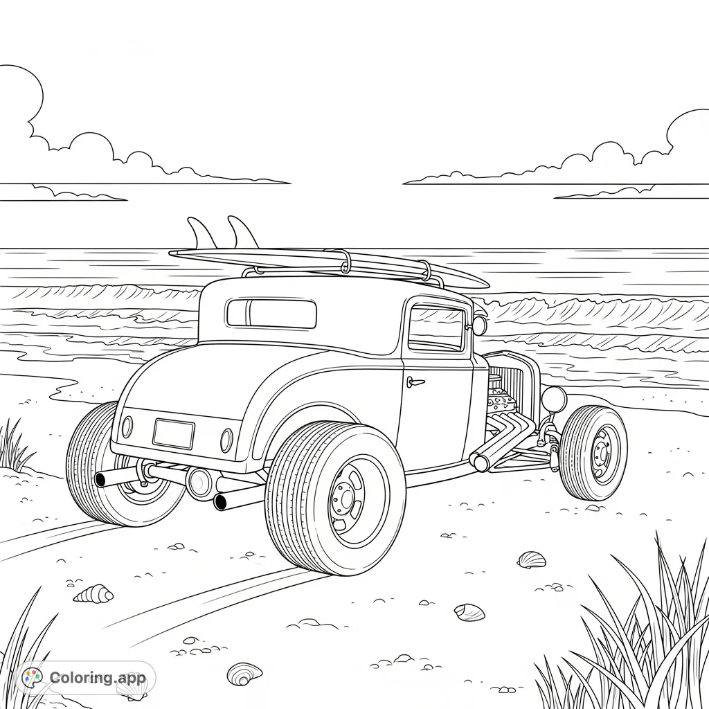 A classic hot rod with a surfboard on its roof, parked on a simplified sandy beach with gentle ocean waves under an expansive sky.