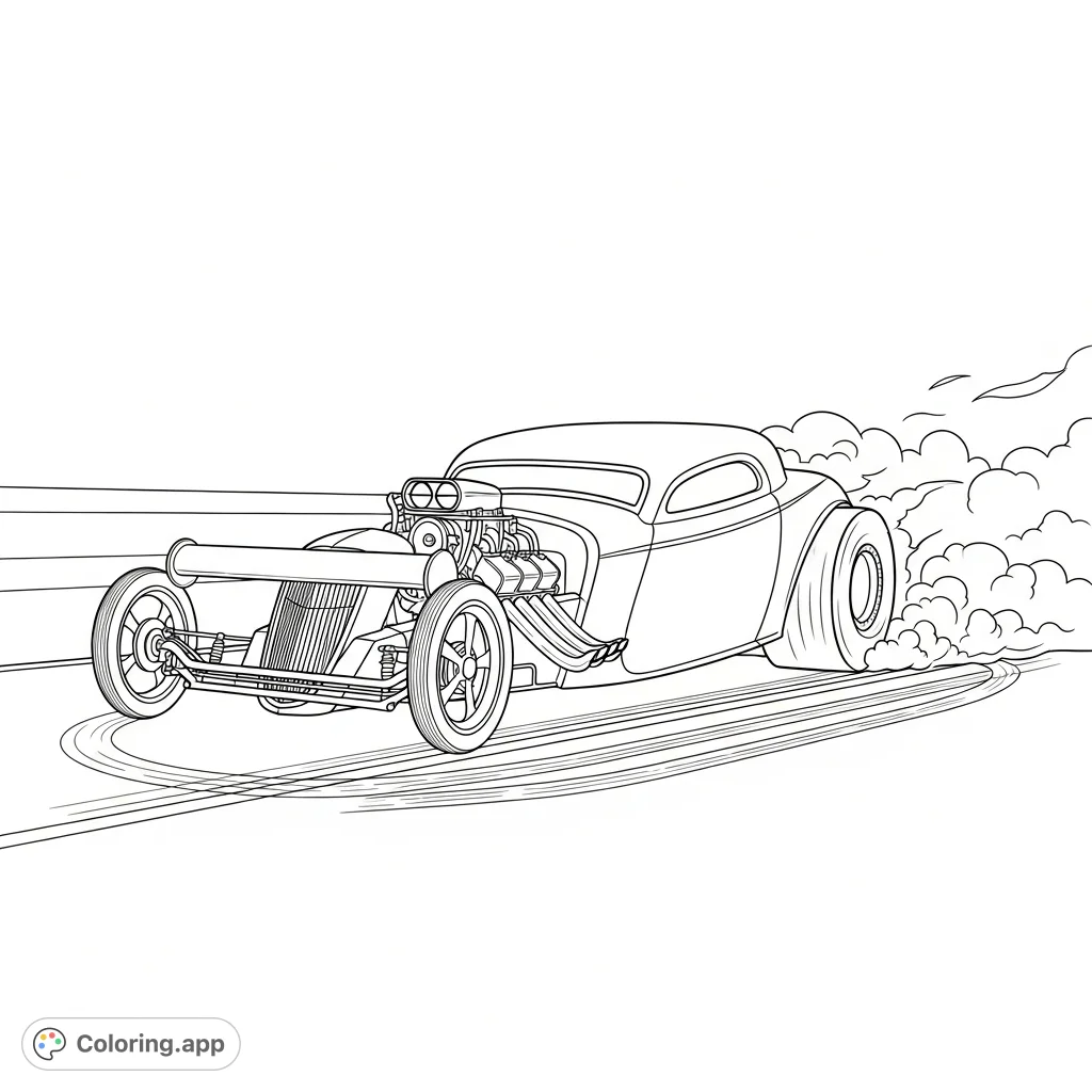 A powerful drag-style hot rod with an elongated front, slender front wheels, and robust rear tires creating dramatic burnout smoke.