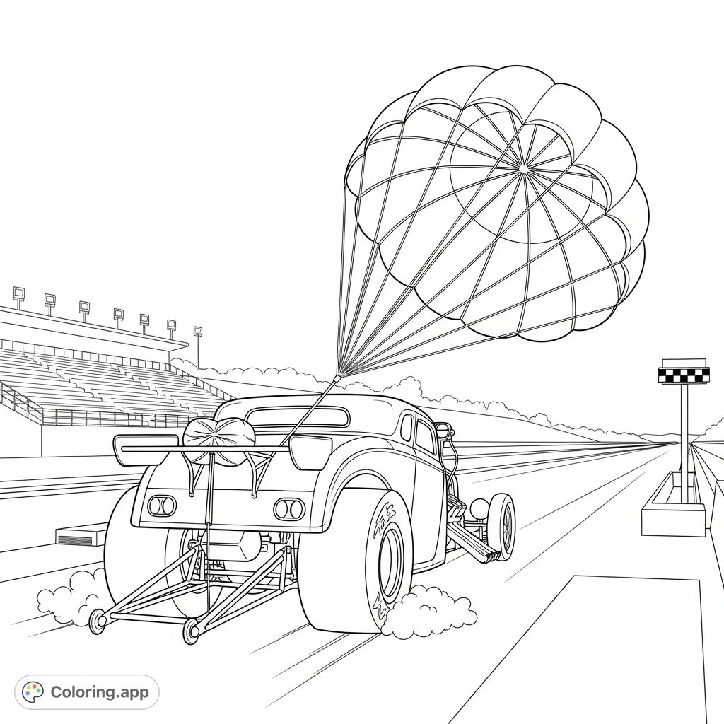 A dynamic coloring page featuring a hot rod at the finish of a drag race, parachute deployed, with subtle smoke. Perfect for motor enthusiasts.