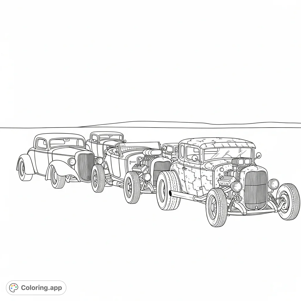 A thrilling lineup of diverse hot rods, including sleek coupes, classic roadsters, and gritty rat rods, waiting for a burst of vibrant colors. Perfect for car enthusiasts!