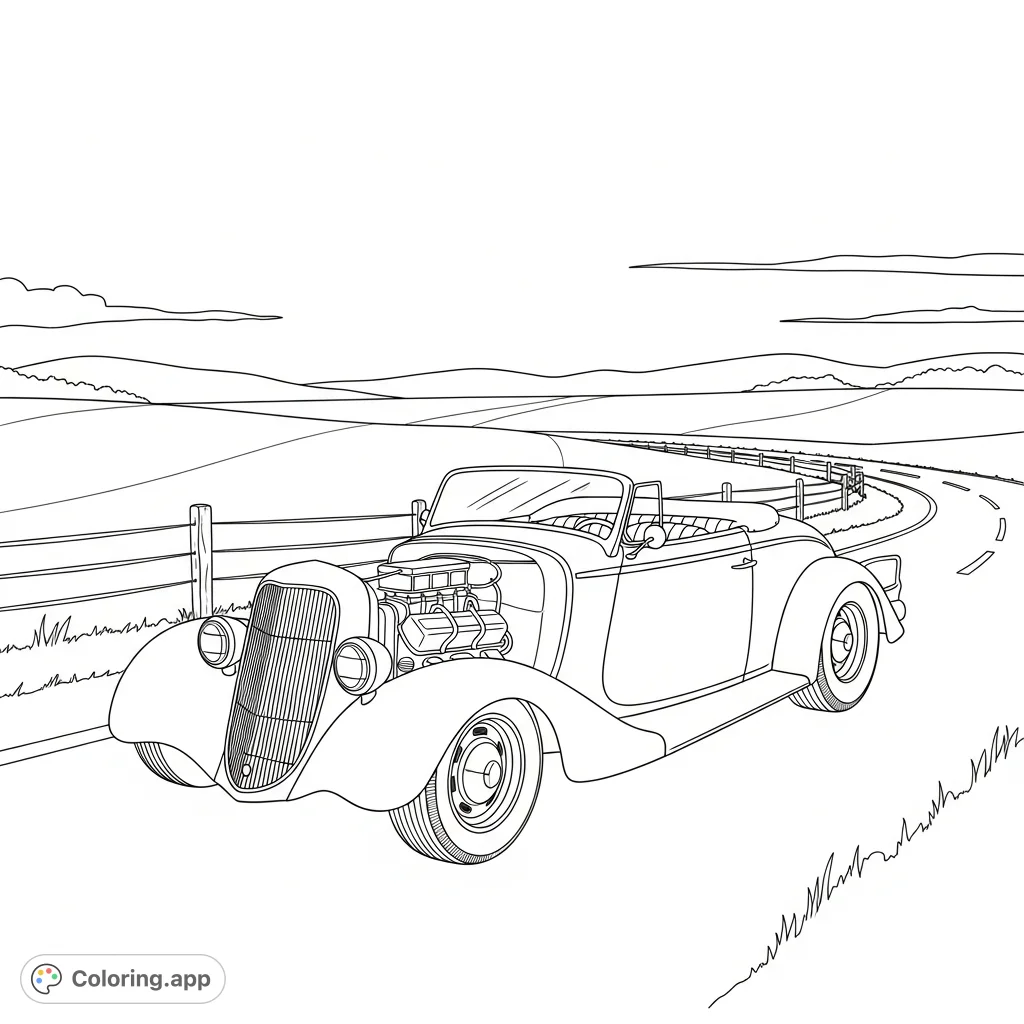A classic convertible hot rod cruises a serene rural route under an expansive sky. Minimalist road and horizon lines emphasize the vehicle.
